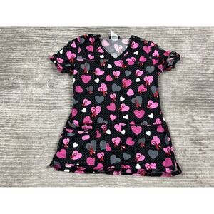 Cherokee Scrub Top Womens XXS Multicolor AOP Hearts Ribbons V-Neck Short Sleeve‎
